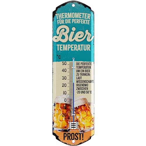 Retro Blechschild Thermometer BIER TEMPERATUR - lustiges Sprüche Bier Schild als Partykeller Deko, Kneipen und Bar Dekoration für Stammtisch - Biertrinker Geschenk, 8x28 cm