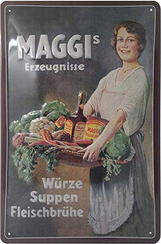 MAGGI Retro Reklame mit Dame, Blechschild, hochwertig geprägtes Retro Werbeschild, Türschild, Wandschild, Dekoration 30 x 20 cm