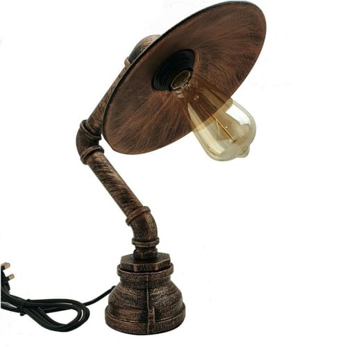 LEDSone Wasserpfeifen-Tischlampe, Vintage-Industrie-Steampunk-Tischlampe, rustikale Wasserpfeifen-Nachttischlampe aus gebürstetem Kupfer (Tischlampe mit flachem Schirm)