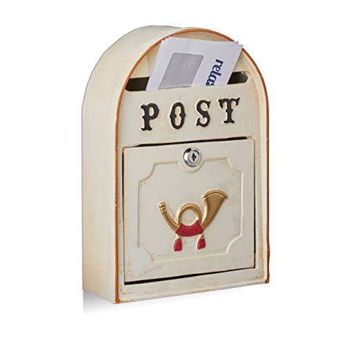 Relaxdays Briefkasten antik, Western Vintage Style, Shabby-Chic, Posthorn-Relief, Metall, HxBxT: 30 x 20 x 8 cm, beige