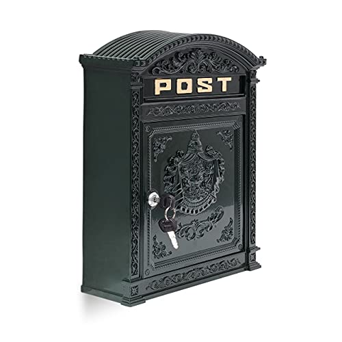Relaxdays Briefkasten Antik Englischer Wandbriefkasten aus Aluguss mit breitem Briefschlitz für DIN A4 Umschläge HBT: 44,5 x 31 x 9,5 cm nostalgischer Postkasten mit rundem Dach, grün