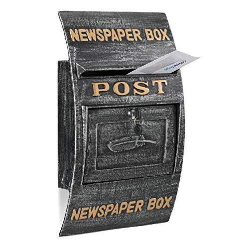 Relaxdays Briefkasten antik, Schriftzug Newspaper Box, großer Wandbriefkasten, HxBxT: 49 x 29 x 9 cm, schwarz-silber