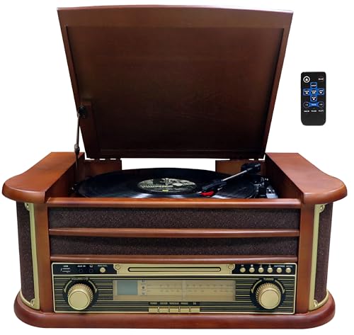 Nostalgie Holz Musikanlage | Kompaktanlage | Plattenspieler | Bluetooth | Retro Stereoanlage | CD MP3 Player USB | Radio | MP3-Encoding: Aufnahmefunktion | Fernbedienung | Kassettendeck |AUX IN