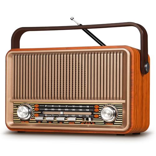 PRUNUS J-120 AM/FM/SW Retro Radio Klein, Kofferradio mit 1800mAh Akku, oder AC-Strom, Küchenradio Nostalgie Radio mit Bluetooth, Unterstützt USB/TF/AUX Funktion, Einfaches Radio für Senioren.