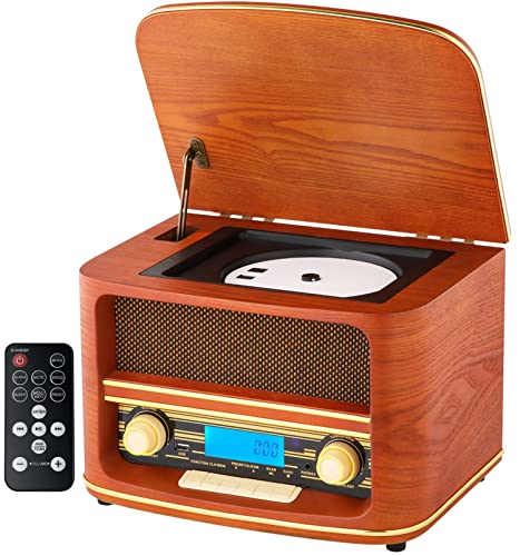Nostalgie Kompaktanlage | Bluetooth | LCD Display | Retro Radio Holz mit CD Player | USB | Musikanlage Retro Style | Stereoanlage | Fernbedienung | Küchenradio | Vintage Optik |