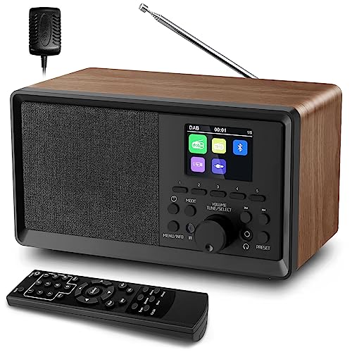BIAOQINBO DAB Plus Radio/DAB+ mit Bluetooth 5.0 FM-Digitalradio Nostalgieradios Tragbarer Retro Radio Holz UKW Radiowecker mit Fernbedienung Küchenradio Zweifacher Alarm Farbdisplay Uhrenradios