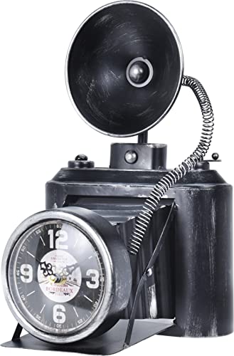 Tischuhr Antik Design Standuhr Nostalgie Kaminuhr + GRATIS 1x KARABINERHAKEN, Retro Deko Kamera Fotokamera Uhr schwarz aus Metall