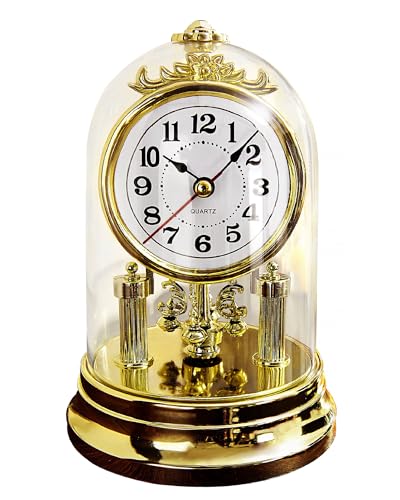 Weltbild Tischuhr Gold mit Glocke - Standuhr Nostalgisch Deko Vintage Wohnzimmer Uhr mit Haube Kleine Uhr zum Hinstellen als Kaminuhr Antik Drehpendeluhr Deko Home Table Clock