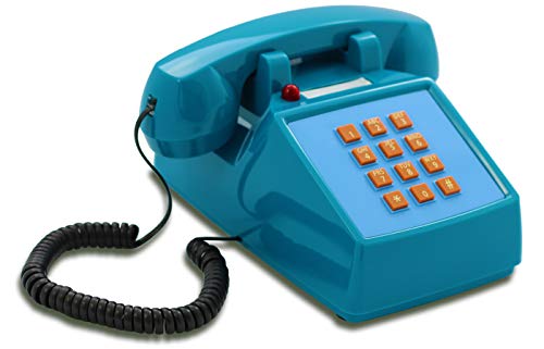 Opis Technology PushMeFon Cable: 1970er Designer Retro Tastentelefon Schnurgebunden/Festnetztelefon Schnurgebunden/Retro-Telefon in modernen Farben mit Metallklingel (hellblau)